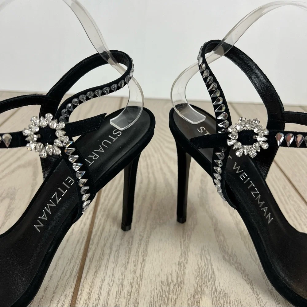 Stuart Weitzman Gemcut 100 Swarovski Crystal Sandals 39/8.5B Black Suede $650 - Picture 4 of 11
